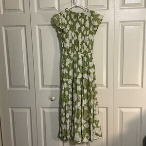 Sweet Wanderer Women Green White floral Maxi Sleeveless tiered Sundress Small